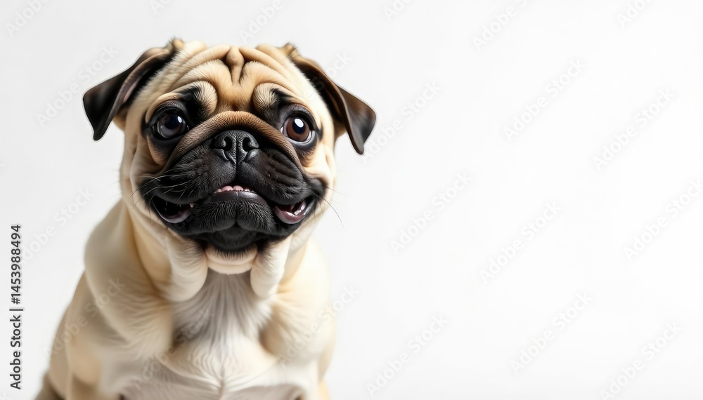 Pug with endearing expression, isolated white backdrop Close-up shot , expression, face, eyes Pug with endearing expression, isolated white backdrop Close-up shot , expression, face, eyes