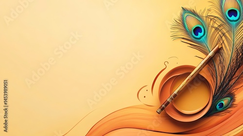 Elegant Peacock Feather and Pen on Yellow Background