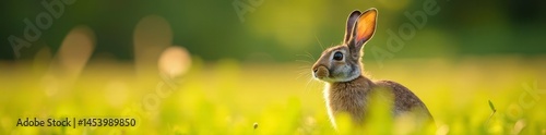 Alert hare in meadow, long ears, twitching nose, energetic, mammal