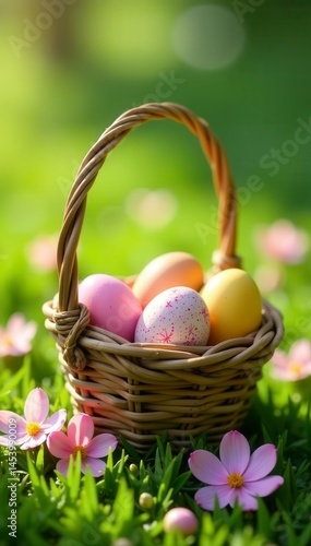 Brightly colored eggs in a rustic woven basket surrounded by delicate pastel blossoms on a sunny lawn , illustration, cheerful