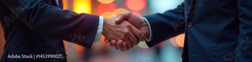 Business colleagues shaking hands, sealing a deal, corporate partnership, table, professional agreement