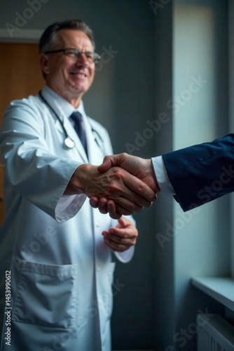 Doctor shakes hands with executive, sealing deal , collaboration, partnership