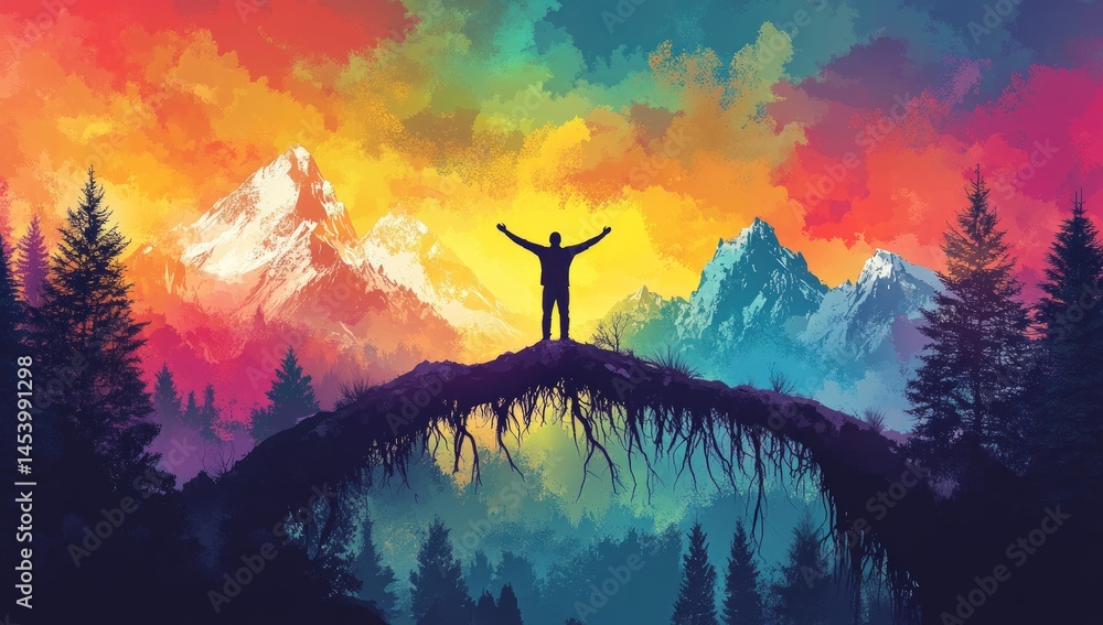 Obraz premium Man stands atop a vibrant mountain root bridge, arms outstretched, embracing a colorful landscape