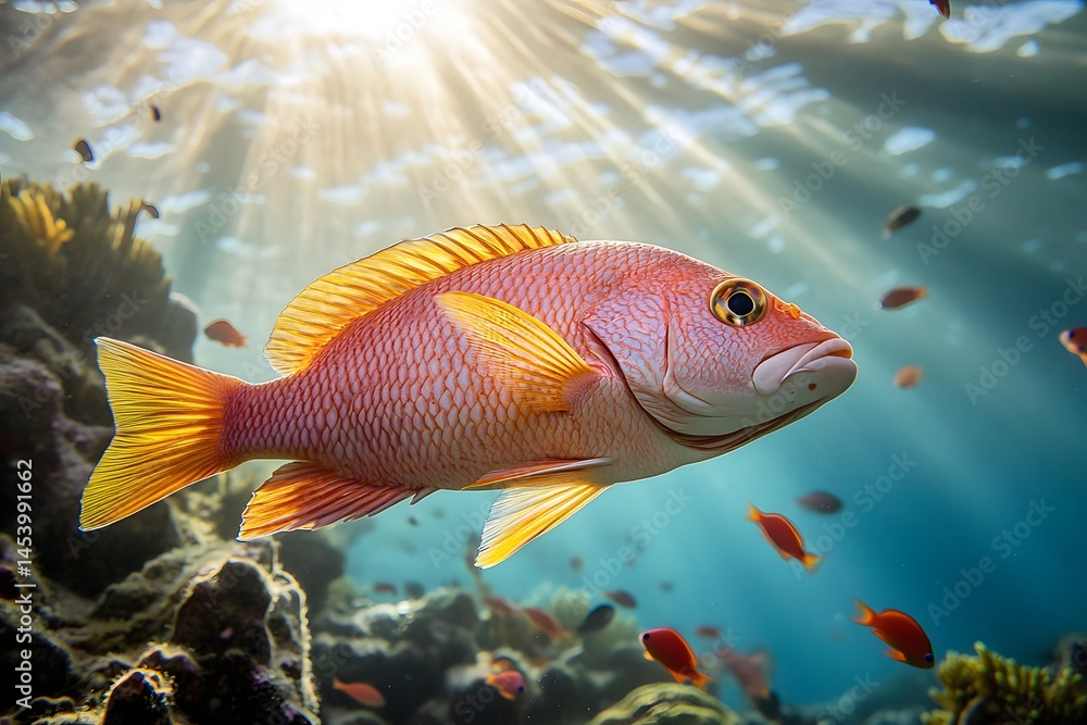 Fototapeta premium A pink and yellow fish swims in the ocean with sunlight shining through the water above the coral reef