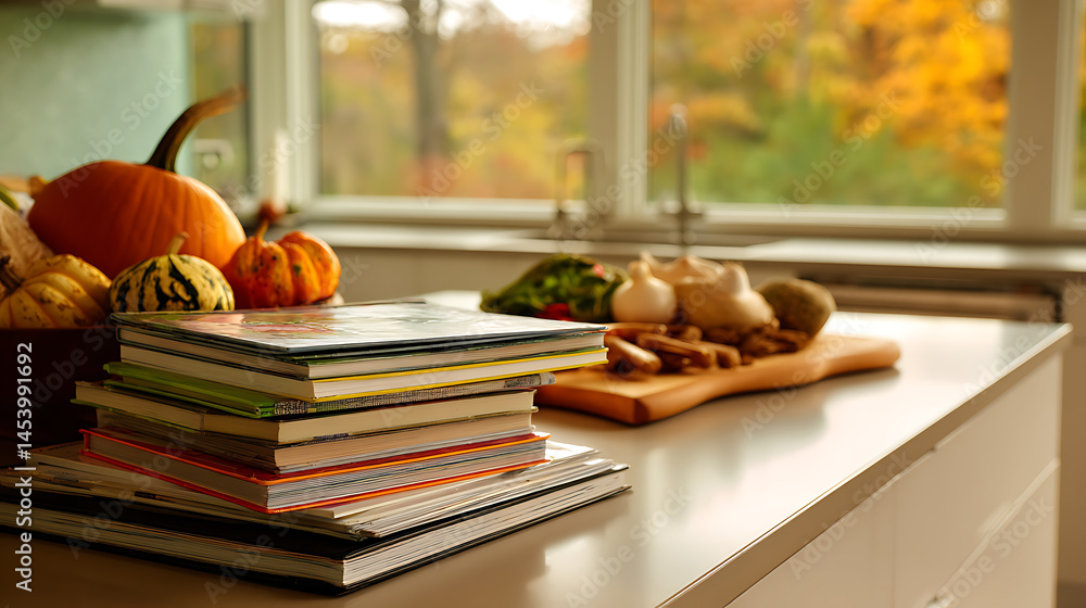Fototapeta premium Autumn Kitchen Still Life with Pumpkins and Recipe Books