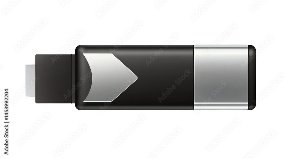 Obraz premium High-Quality Flat USB Drive Icon in Black and Silver, Transparent Background, Perfect for Digital Storage or Tech Projects
