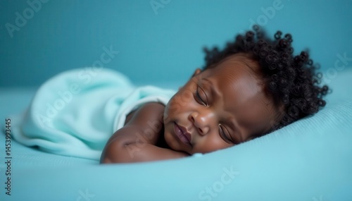 Peaceful slumber, dark-skinned infant on calming blue, cuddly, portrait