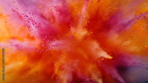 Colorful powder explosion in slow motion. Vivid orange, pink, and yellow pigments burst, creating a vibrant cloud with a central copy space.