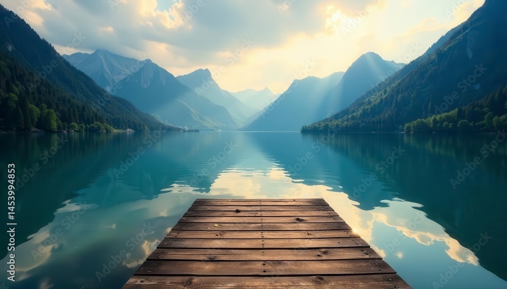 Obraz premium Still lake reflects sunlit mountains; wooden dock extends into water , tree, dock view, quiet