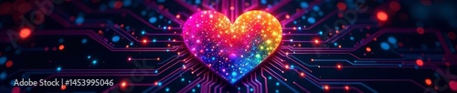 Vibrant rainbow heart, intricate microchip circuit overlay, rainbow heart, network