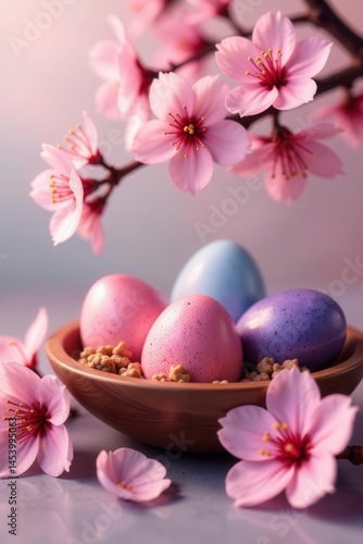 Vibrant dyed eggs nestled in delicate pink cherry blossoms , beautiful, texture