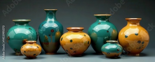 Vibrant glazed ceramic vessels Rich blues, greens, golds , Central Asia, shiny, colorful