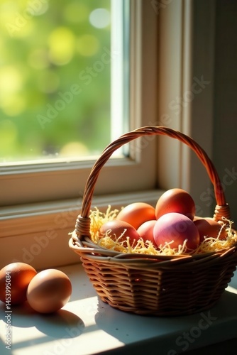 Vibrant eggs in woven baskets bask in sunlight on a windowsill , photography, nature, cheerful