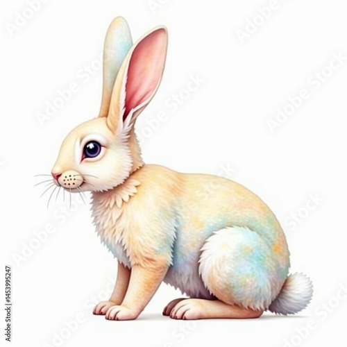 Whimsical watercolor bunny, pastel hues, white background , illustration, poster, pastel