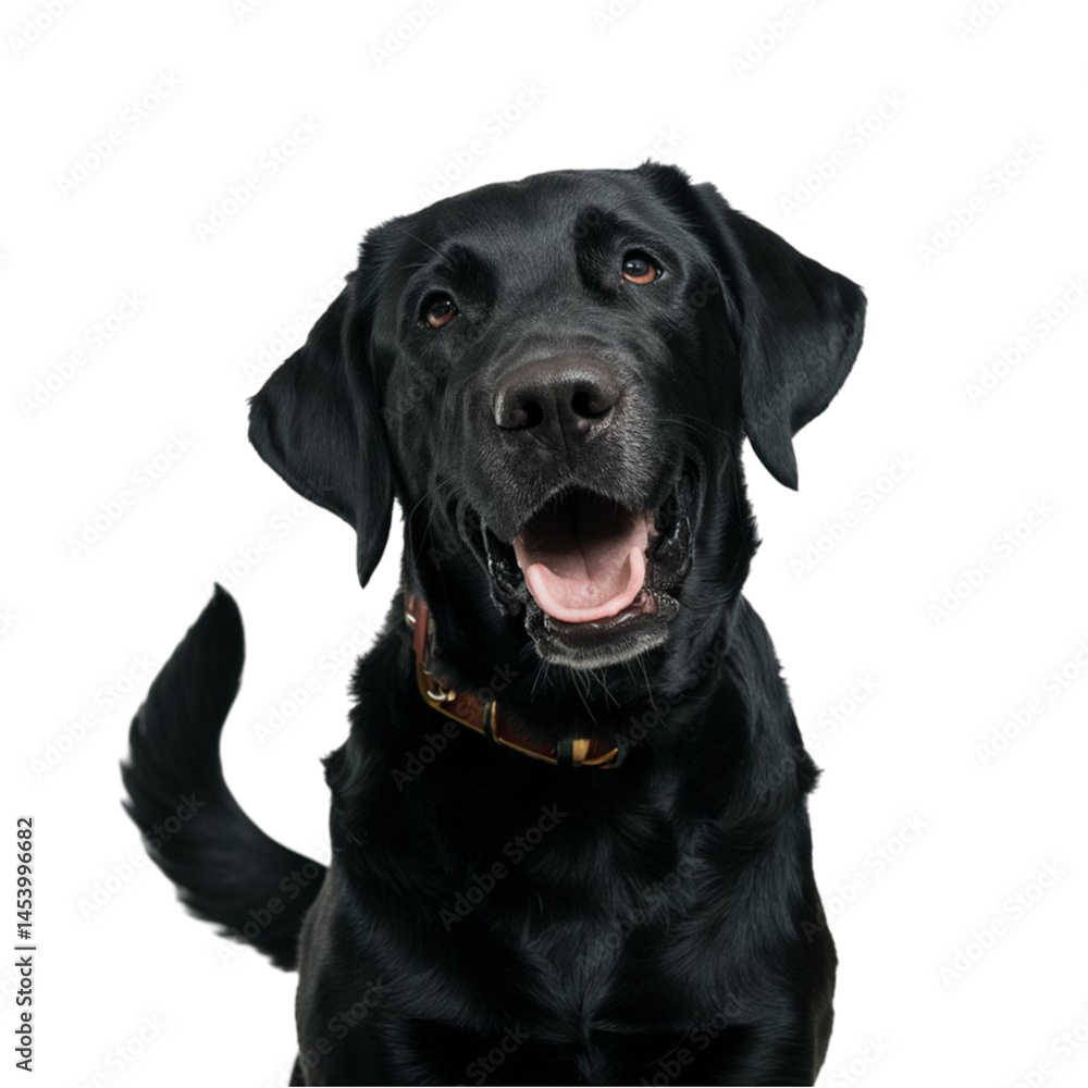 Playful black Labrador retriever with a wagging tail isolated on transparent background Playful black Labrador retriever with a wagging tail isolated on transparent background