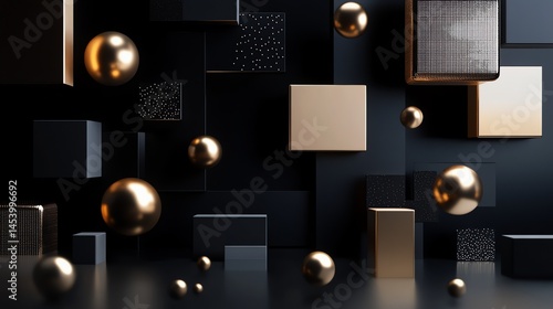 3D render of geometric shapesâ€”cubes, spheres, and textured planesâ€”floating against a dark, minimalist background.
