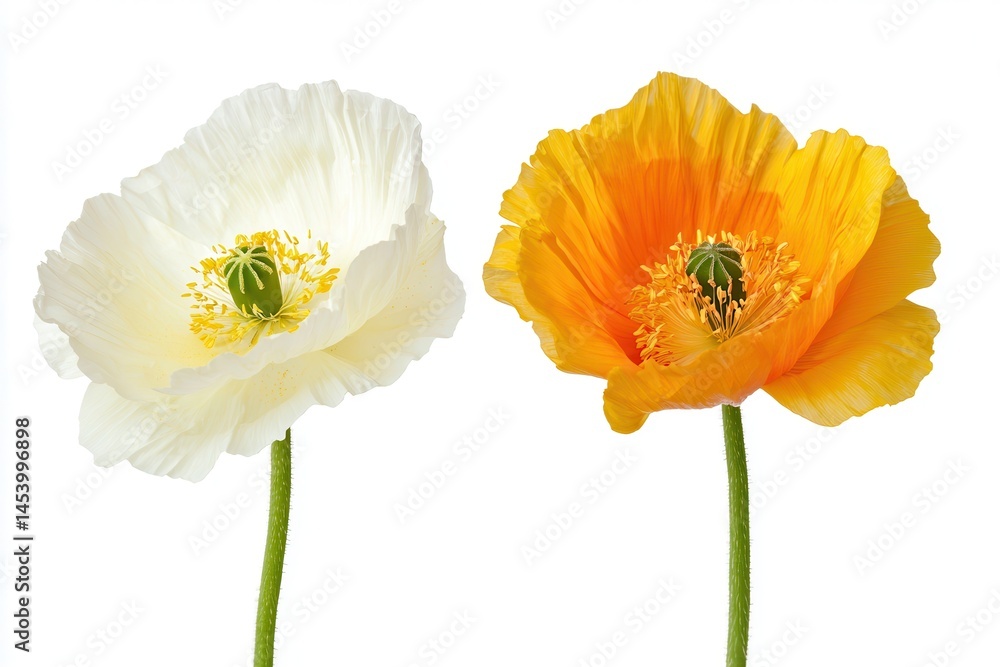Two vibrant poppy flowers in white and orange, showcasing their delicate petals and green stems Two vibrant poppy flowers in white and orange, showcasing their delicate petals and green stems