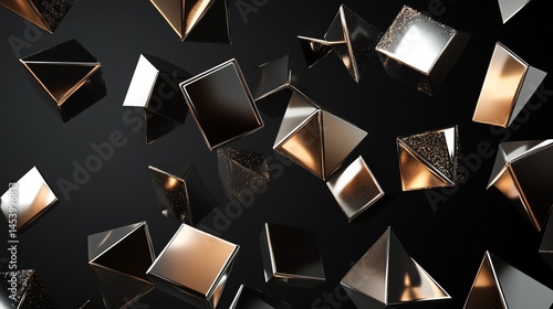 3D render of fragmented, reflective gold and black geometric shapes against a dark background.