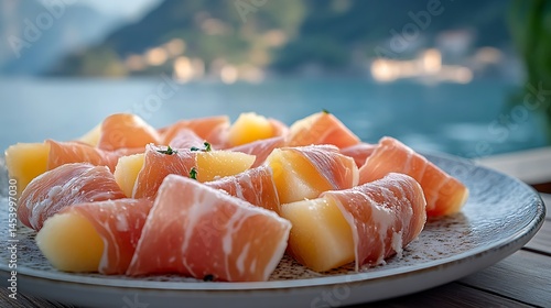 A plate of prosciutto e melone centered, side view, juicy melon wrapped in prosciutto, on a ceramic plate, Amalfi coast backdrop