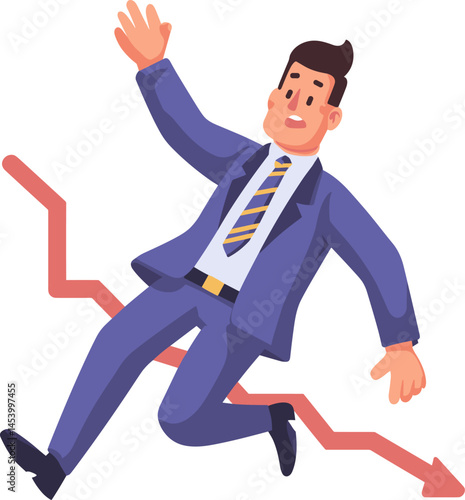Businessman slipping on a downward trend line cartoon isolated on transparent background. Vector illustration.