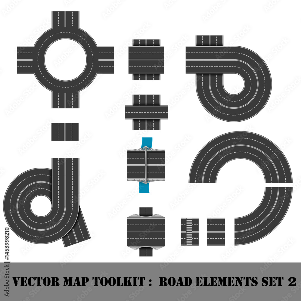 Modern Highway Map Toolkit. Top View Position. Connectible Road