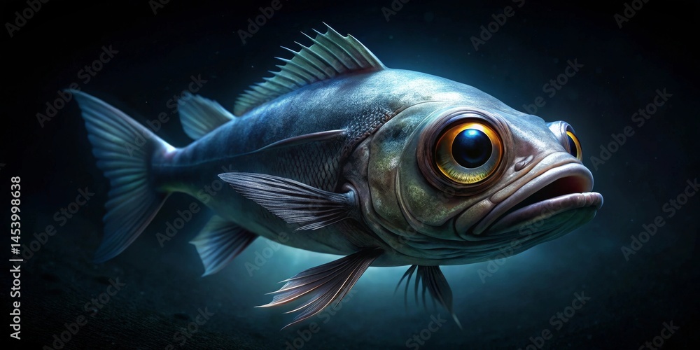 Deep-sea Creature with Large Eyes and Fin Detail Swimming in Dark Waters Deep-sea Creature with Large Eyes and Fin Detail Swimming in Dark Waters