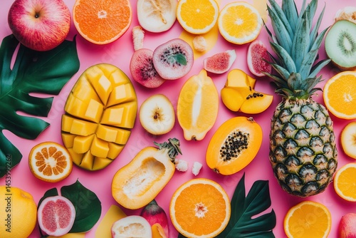 Vibrant assortment of tropical and citrus fruits arranged on a pink background