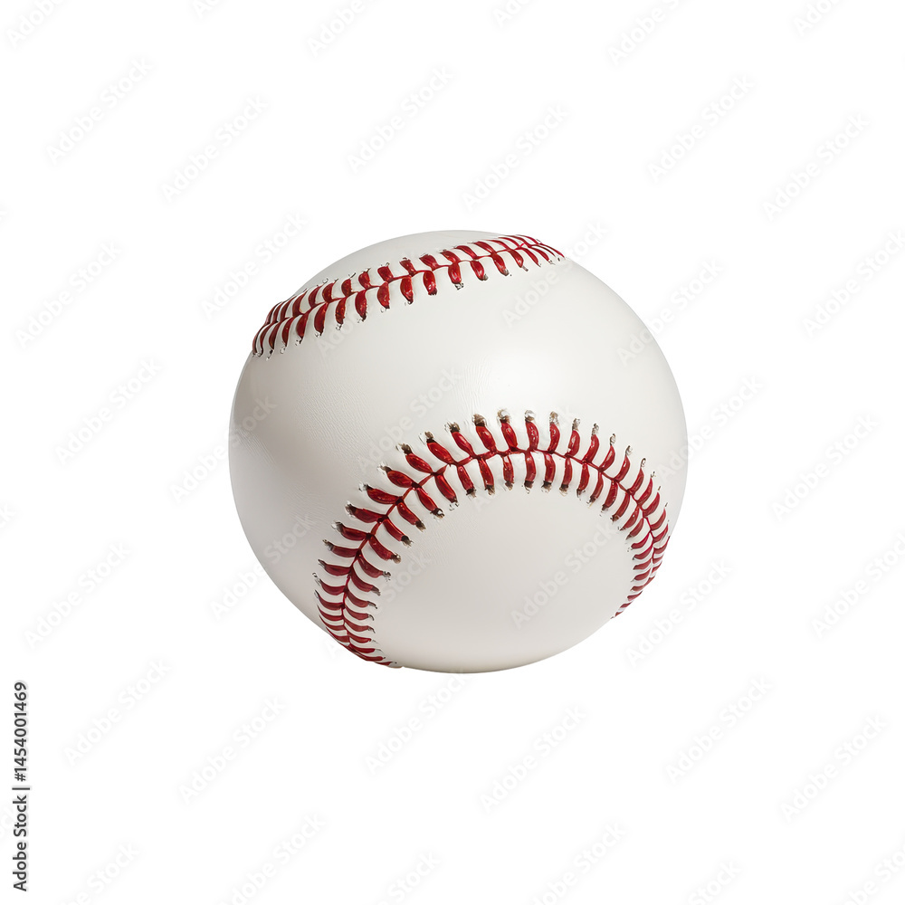 Close-up of a new pristine white baseball with red stitching on transparent background, showing detailed textured surface and curved stitching pattern. Close-up of a new pristine white baseball with red stitching on transparent background, showing detailed textured surface and curved stitching pattern.