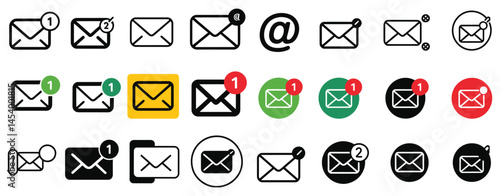 Email icon vector set featuring envelopes, notifications, and at symbols, perfect for use in messaging apps, communication designs, and email marketing projects

