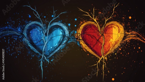 Two hearts, one cold, one hot, intertwined.  Abstract art of contrasting elements