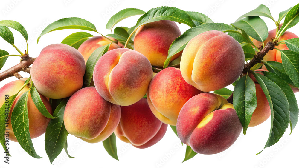 Ripe peaches hanging on a branch with fresh green leaves isolated Ripe peaches hanging on a branch with fresh green leaves isolated
