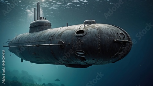 Wallpaper Mural Vintage submarine explores ocean depths, sunlight filters through water, submerged vessel with aged hull and coral reef Torontodigital.ca