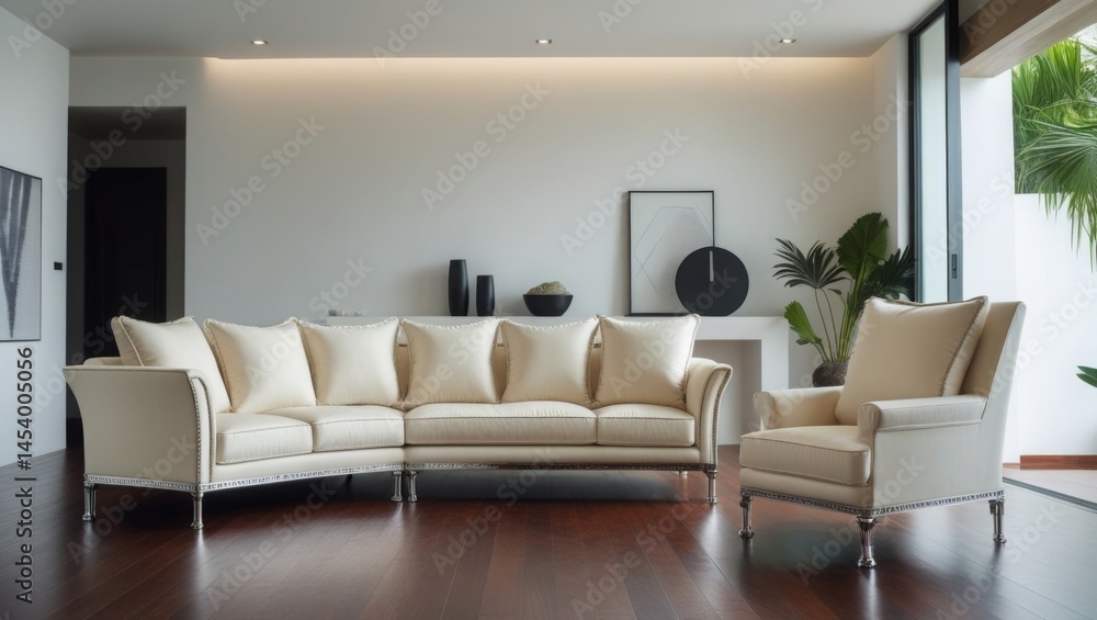 Fototapeta premium Modern villa living room with luxury sofa and armchair, minimalist decor