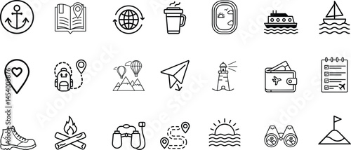 Travel and adventure icons set in outline style. Tourism navigation vacation symbols for UI web app infographic map design. Editable vector travel icon collection isolated on white background.