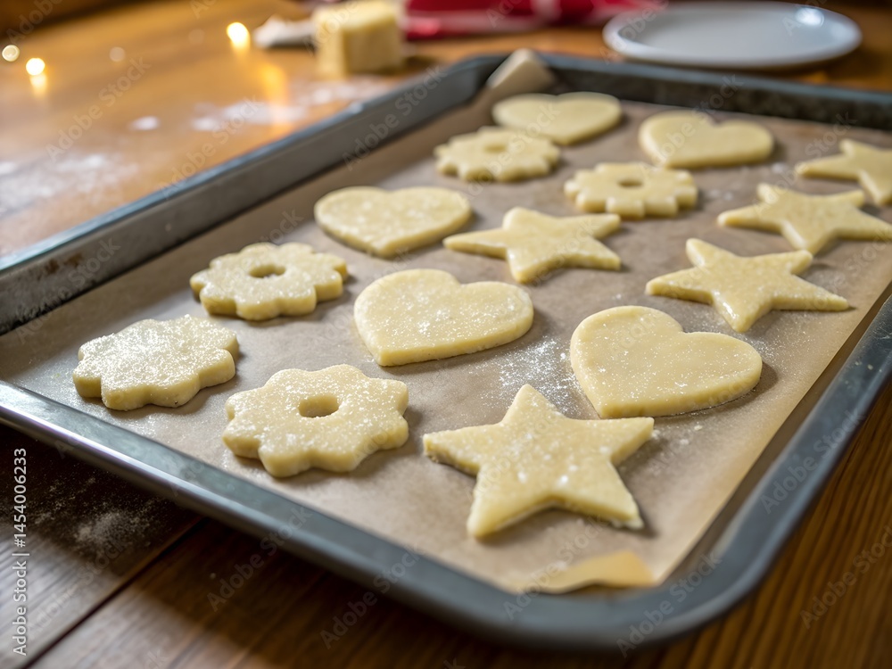 Close-up view of a wooden table with a baking tray on top. On the tray lies raw cookie dough shaped into stars, hearts, animals, and circles Close-up view of a wooden table with a baking tray on top. On the tray lies raw cookie dough shaped into stars, hearts, animals, and circles