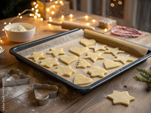 Close-up view of a wooden table with a baking tray on top. On the tray lies raw cookie dough shaped into stars, hearts, animals, and circles