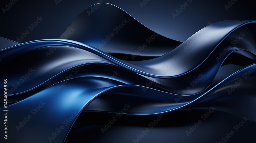 Fototapeta premium Abstract Blue Metallic Ribbons Flowing Across a Dark, Glossy Sur