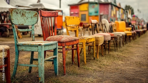 Row of colorful, weathered chairs