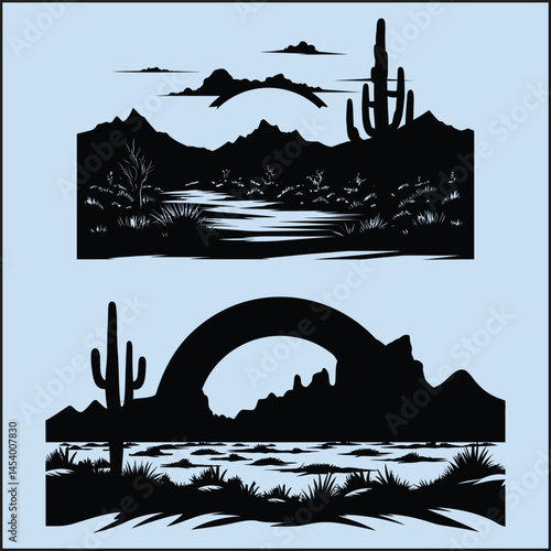 Black Silhouette Set of a Desert Clipart on White