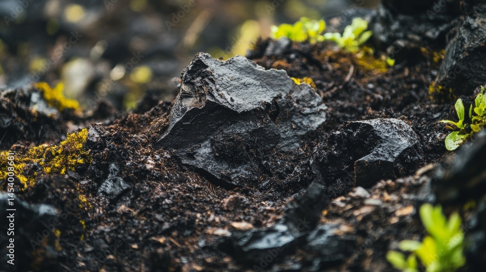Natural organic peat mulch scattered across a garden bed for sustainable landscaping practices Natural organic peat mulch scattered across a garden bed for sustainable landscaping practices