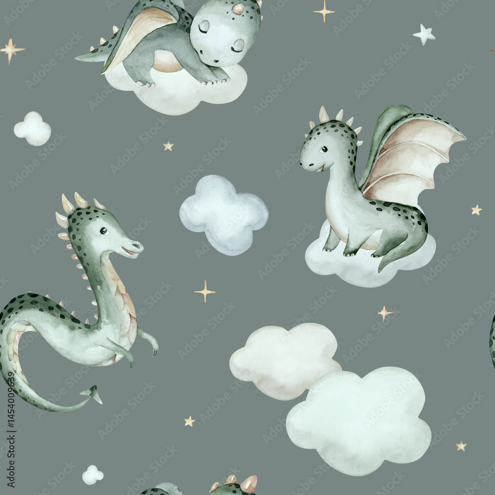 Obraz premium Cartoon cute kids sleeping Dragon seamless pattern, childish background