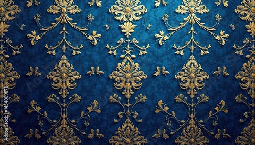 Intricate floral damask pattern in deep blue and gold , scroll, elegant, tapestry