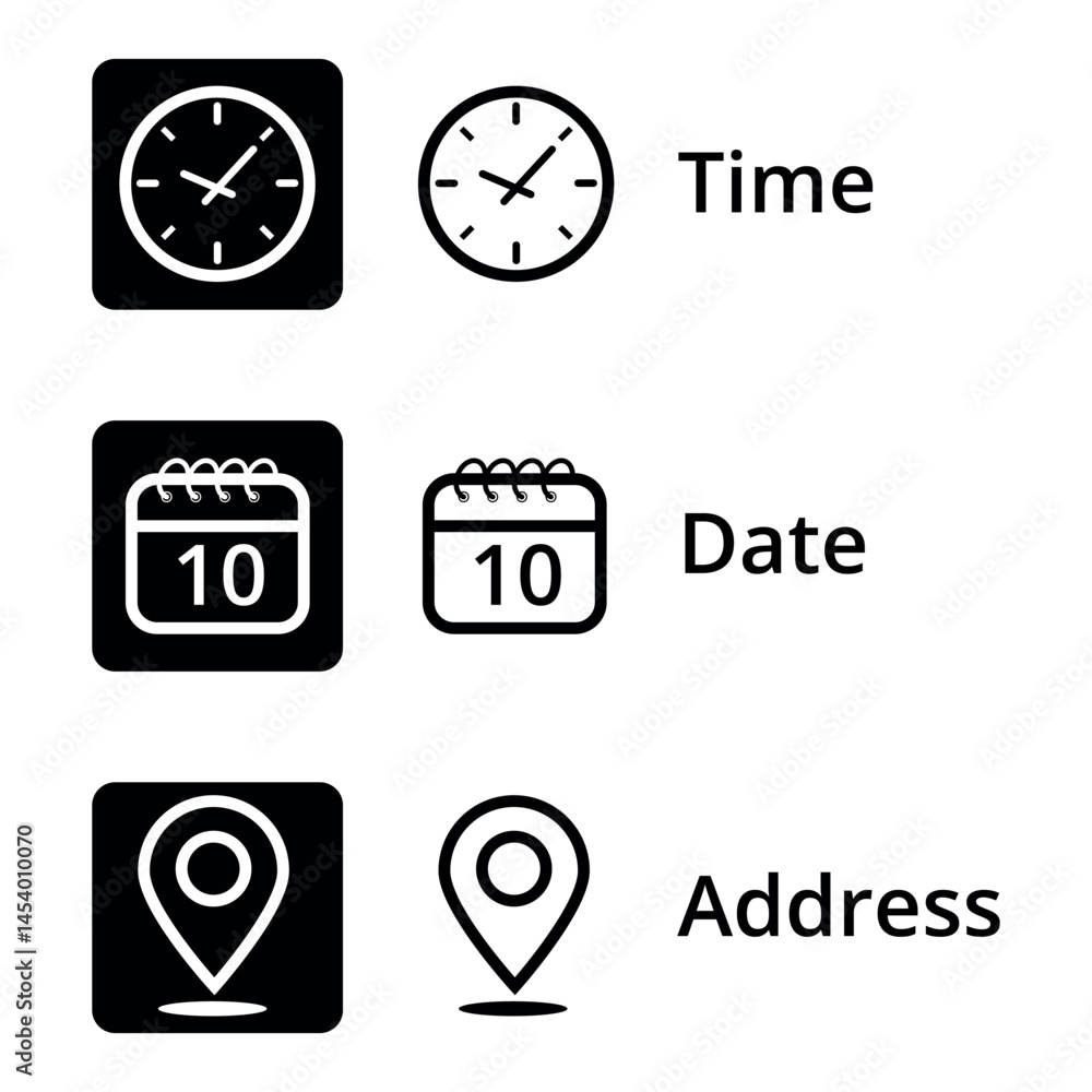 Collection of event icons with time, date and location, calendar icon with specific day marked, day 10.
