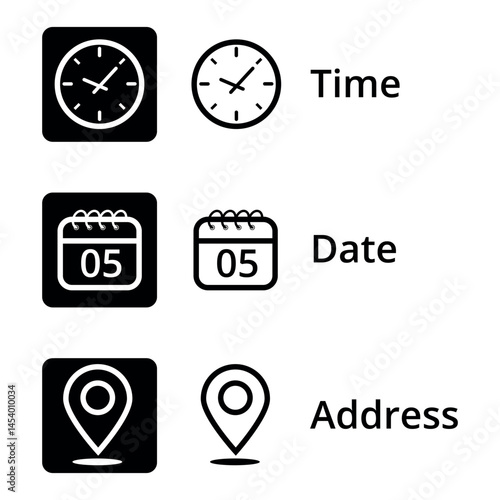 Collection of event icons with time, date and location, calendar icon with specific day marked, day 05.