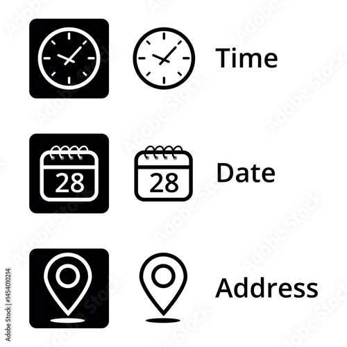 Collection of event icons with time, date and location, calendar icon with specific day marked, day 28.