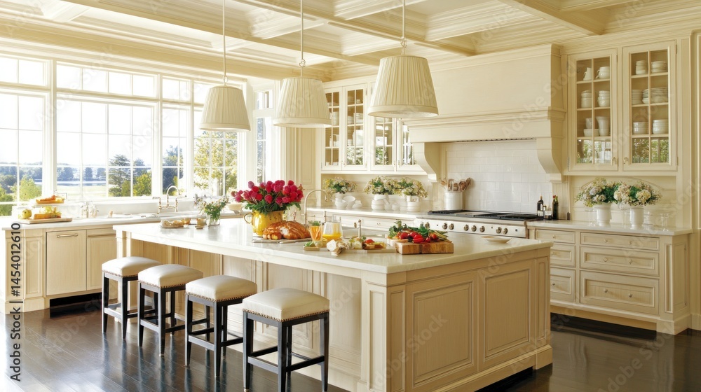 Spacious cream-colored kitchen with island and large windows. Spacious cream-colored kitchen with island and large windows.