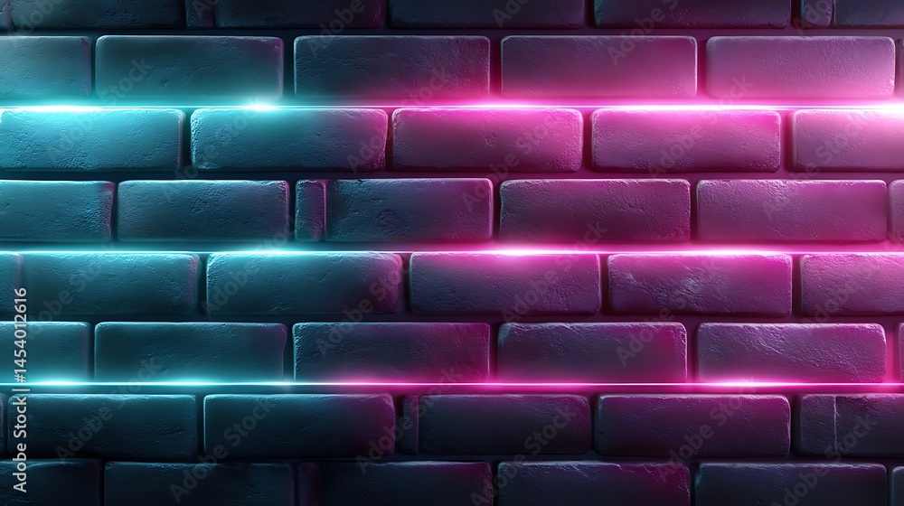 Fototapeta premium Futuristic neon texture colorful bricks light against a synthwave background with retro digital patterns