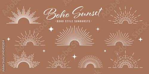 Vintage sunburst, sunset beams, half circle sunrise. Boho style, modern minimalist bohemian design. Hand drawn bursting sun, light rays. Lettering design element in retro style. Vector illustration