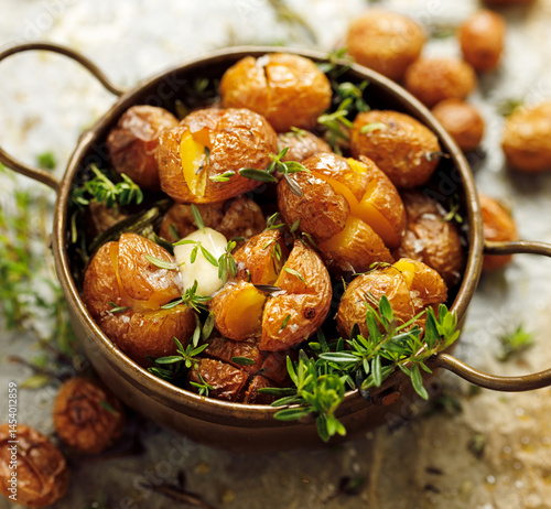 Baked potatoes with butter, aromatic herbs and salt, close up view 