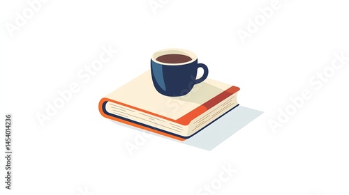 Digital illustration depicts a book with a dark coffee mug resting on it, showcasing a minimalist flat design.
